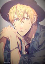 Rule 34 | 1boy, blonde hair, blue jacket, bracelet, buttons, casual, closed mouth, collarbone, commentary request, earrings, grey background, hair between eyes, hands up, hat, jacket, jewelry, kise ryouta, kuroko no basuke, looking to the side, male focus, mashima shima, open clothes, open jacket, own hands together, shirt, short hair, simple background, smile, solo, sunglasses, twitter username, upper body, white shirt, yellow eyes