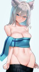 Rule 34 | 1girl, absurdres, animal ear fluff, animal ears, blue archive, blue eyes, blush, breasts, cat ears, cleavage, clothes pull, cross hair ornament, duplicate, extra ears, grey hair, hair ornament, halo, highres, kazane-wind, looking at viewer, medium breasts, medium hair, mismatched pupils, navel, scarf, scarf over breasts, shiroko (blue archive), skirt, skirt pull, solo, sweatdrop