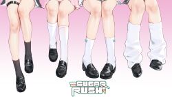 Rule 34 | 4girls, airi (band) (blue archive), black footwear, black socks, blue archive, highres, kazusa (band) (blue archive), kneehighs, knees together feet apart, loafers, loose socks, lower body, multiple girls, natsu (band) (blue archive), painterliuhao, shoes, simple background, sitting, socks, thigh strap, white socks, yoshimi (band) (blue archive)