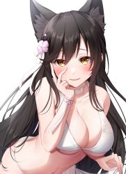 Rule 34 | 1girl, absurdres, animal ear fluff, animal ears, atago (azur lane), atago (summer march) (azur lane), azur lane, bad id, bad pixiv id, bare shoulders, bikini, blush, breasts, choker, cleavage, comiket 99, commentary, dog girl, extra ears, eyebrows, flower, forehead, hair between eyes, hair flower, hair ornament, hand on own face, highres, large breasts, lifting own clothes, long hair, looking at viewer, mole, mole under eye, nagura shiro, navel, open mouth, parted bangs, parted lips, simple background, solo, swimsuit, upper body, v, white background, white bikini, white choker, wristband, yellow eyes