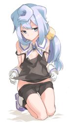 Rule 34 | 10s, 1boy, ahoge, bike shorts, blue eyes, blue hair, bulge, clothes lift, clothes pull, commentary, full body, gloves, hacka doll, hacka doll 3, hair ornament, half-closed eyes, highres, kneeling, long hair, male focus, muchi maro, no panties, pants, pants pull, shirt lift, shoes, solo, strap slip, tank top, trap, very long hair
