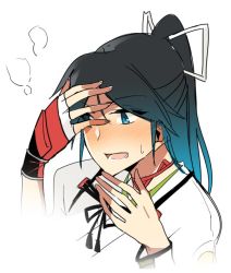 Rule 34 | 10s, 1girl, asakawa (outeq), bad id, bad twitter id, black hair, blue eyes, blush, covering own eyes, kantai collection, katsuragi (kancolle), long hair, looking away, open mouth, ponytail, remodel (kantai collection), simple background, solo, sweatdrop, tongue