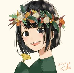 Rule 34 | 1girl, 2018, :d, absurdres, acorn, autumn leaves, black eyes, black hair, bob cut, close-up, dated, eyelashes, flower, ginkgo leaf, ginkgo tree, green sweater, happy, head wreath, highres, holding, holding flower, leaf, long sleeves, looking at viewer, open mouth, orange flower, orange rose, original, rose, sako (35s 00), short hair, signature, simple background, smile, solo, sweater, tagme, teeth, upper body, white background, white flower, white rose, yellow flower