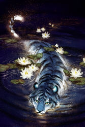 Rule 34 | commentary, english commentary, flower, glowing, highres, light particles, lily (flower), lily pad, night, no humans, original, partially submerged, ripples, third-party source, tiger, water, yuumei