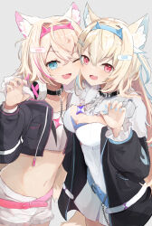 Rule 34 | 2girls, animal ears, belt, blonde hair, blue eyes, blue nails, breasts, cheek-to-cheek, claw pose, cleavage, collarbone, crop top, cropped jacket, dog ears, dog girl, dress, flat chest, fur trim, fuwawa abyssgard, fuwawa abyssgard (1st costume), hair between eyes, hair ornament, hairband, heads together, highres, hololive, hololive english, jacket, medium breasts, midriff, mococo abyssgard, mococo abyssgard (1st costume), multiple girls, navel, one eye closed, pink eyes, pink hair, pink nails, short hair, shorts, shuuzo3, siblings, sisters, twins, virtual youtuber, white dress