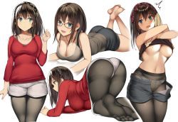 Rule 34 | 1girl, :d, all fours, ass, bare arms, bare shoulders, barefoot, black shirt, black shorts, blue eyes, breasts, brown hair, brown pantyhose, cleavage, closed mouth, collarbone, denim, denim shorts, feet, glasses, hair ribbon, impossible clothes, impossible shirt, kureha (ironika), large breasts, legs up, long hair, long sleeves, lying, multiple views, navel, no shoes, notice lines, on stomach, open fly, open mouth, original, panties, panties under pantyhose, pantyhose, polka dot, profile, red-framed eyewear, red shirt, ribbon, shirt, shorts, sleeveless, sleeveless shirt, smile, stomach, tank top, taut clothes, taut shirt, thighs, toes, top-down bottom-up, tsubasa (kureha), underboob, underwear, undressing, white shorts