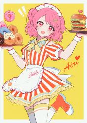 Rule 34 | !, !!, 1girl, absurdres, apron, back bow, boots, bow, burger, dotabata cafe rec!! (project sekai), doughnut, dress, food, hair ornament, heart, heart hair ornament, highres, holding, holding tray, hrn ohana, looking at viewer, maid headdress, medium hair, momoi airi, neckerchief, open mouth, orange footwear, pink eyes, pink hair, project sekai, puffy short sleeves, puffy sleeves, short sleeves, solo, standing, standing on one leg, striped clothes, striped dress, tray, twintails, waitress, white apron, white bow, yellow background, yellow neckerchief