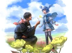 Rule 34 | 1boy, 1girl, animal, animal on shoulder, axolotl, belt, bird legs, bird wings, black hair, black robe, blue capelet, blue dress, blue eyes, blue hair, brooch, capelet, child, clenched hand, cloud, cloudy sky, commentary, dress, eye contact, feathered wings, final fantasy, final fantasy xiv, flower, from side, full body, giving, grass, head wings, hermes (ff14), highres, holding, holding flower, hood, hood down, hooded robe, jewelry, looking at another, mask, meadow, meteion, mixed-language commentary, on one knee, open mouth, outdoors, robe, short hair, sky, smile, standing, unworn mask, wings, yellow flower, youki (gdn)