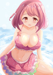 Rule 34 | 1girl, :d, absurdres, bare arms, bare shoulders, bikini, blush, braid, breasts, brown eyes, dated, highres, hoshizaki akari, large breasts, long hair, looking at viewer, navel, ongeki, open mouth, pink bikini, pink hair, polka dot, polka dot bikini, ripples, signature, sitting, smile, solo, swimsuit, water, xenon (for achieve)