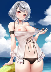 Rule 34 | 1girl, arm strap, bare shoulders, bikini, bikini bottom only, black bikini, blue sky, blush, braid, breasts, breasts out, closed mouth, clothes pull, collarbone, cowboy shot, day, grey hair, highres, hololive, innertube, large breasts, looking at viewer, multicolored hair, nail polish, navel, nipples, ocean, outdoors, pulled by self, red eyes, red nails, sakamata chloe, short hair, sky, smile, solo, streaked hair, swim ring, swimsuit, two-tone hair, umou (may65879), virtual youtuber, water
