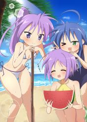 3girls :3 absurdres ahoge bare_shoulders beach bikini blue_eyes blue_hair blue_one-piece_swimsuit blue_sky closed_eyes closed_mouth cloud day feet_out_of_frame female_focus food fruit green_eyes highres hiiragi_kagami hiiragi_tsukasa horizon izumi_konata legs lens_flare long_hair looking_at_viewer lucky_star mole mole_under_eye multiple_girls ocean one-piece_swimsuit one_eye_closed outdoors palm_tree ponytail purple_eyes purple_hair rmwt7525 sand school_swimsuit siblings side-tie_bikini_bottom sisters sky smile sunrays swimsuit thighs tree v water watermelon white_bikini yellow_bikini