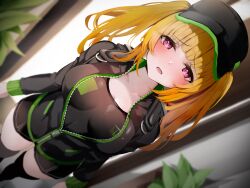 Rule 34 | 1girl, absurdres, black hat, black jacket, black shirt, black shorts, black thighhighs, blonde hair, blunt bangs, blurry, blurry background, blush, breasts, cleavage, collarbone, doorway, dutch angle, hat, headwear request, highres, indoors, jacket, large breasts, long hair, long sleeves, looking at viewer, multicolored hair, non-web source, open clothes, open jacket, open mouth, orange hair, original, partially unzipped, pink eyes, purple eyes, raru (nanaharararu), shirt, short shorts, shorts, smile, solo, standing, thighhighs, thighs, twintails, zipper