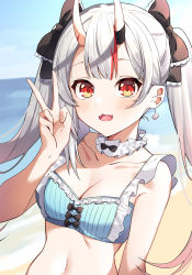 Rule 34 | absurdres, beach, bikini, blush, breasts, cleavage, collarbone, hair between eyes, hair ornament, highres, hololive, horns, looking at viewer, nakiri ayame, nakiri ayame (hololive summer 2019), official alternate costume, open mouth, portrait, red eyes, silver hair, skin-covered horns, sky, small breasts, solo, swimsuit, syhan, twintails, v, virtual youtuber
