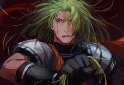 Rule 34 | 1boy, achilles (fate), bad id, bad pixiv id, blood, blood on face, bloody tears, changye, fate/grand order, fate (series), gloves, green hair, hair down, holding, holding own hair, long hair, male focus, messy hair, red eyes, solo