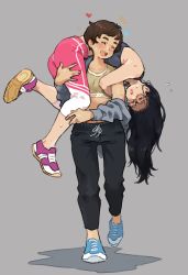 Rule 34 | 2girls, absurdres, black hair, blush, brown hair, carrying, closed eyes, female focus, fireman&#039;s carry, glasses, grey background, heart, highres, jewelry, lifting person, m k, multiple girls, open mouth, original, pants, ring, short hair, simple background, sports bra, sweat, teeth, tight clothes, tight pants, upper teeth only, yuri