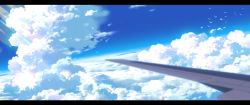 Rule 34 | airplane wing, blue sky, cloud, cloudy sky, day, highres, letterboxed, light rays, no humans, original, outdoors, scenery, sennotane, sky, sunbeam, sunlight