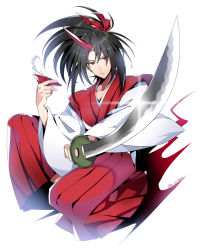Rule 34 | 1boy, closed mouth, cup, genderswap, genderswap (ftm), hair ribbon, highres, holding, holding cup, holding sword, holding weapon, horns, japanese clothes, kamenozoki momomo, kimono, konngara (touhou), long sleeves, looking at viewer, ponytail, red eyes, red horns, red kimono, red ribbon, ribbon, sakazuki, simple background, single horn, solo, sword, touhou, touhou (pc-98), twitter username, weapon, white background, wide sleeves