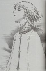 Rule 34 | 00s, 1boy, asymmetrical hair, blunt bangs, character name, dio eraclea, from side, greyscale, hair tubes, high collar, highres, last exile, male focus, monochrome, murata range, pointy ears, sketch, solo, wind