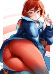 Rule 34 | 1girl, arezu (pokemon), ass, black footwear, blue jacket, boots, brown bag, commentary, creatures (company), english commentary, game freak, hand up, highres, hood, hood down, hooded jacket, jacket, long sleeves, looking at viewer, nintendo, orange eyes, pantyhose, pokemon, pokemon legends: arceus, red hair, short hair, smile, solo, zasshu