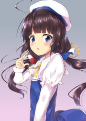 Rule 34 | 10s, 1girl, ahoge, beret, between fingers, blue dress, blue eyes, blush, board game, brown hair, commentary request, dress, flat chest, from side, grey background, hair ribbon, hat, highres, hinatsuru ai, holding, kurobane (fukurou15), layered sleeves, long hair, long sleeves, low twintails, parted lips, puffy short sleeves, puffy sleeves, ribbon, ryuuou no oshigoto!, school uniform, shogi, short over long sleeves, short sleeves, simple background, solo, teeth, twintails, upper body, upper teeth only, very long hair, white hat, yellow ribbon