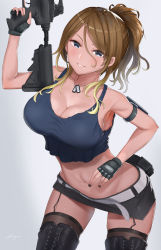 Rule 34 | 1girl, absurdres, arm up, bare shoulders, belt, black footwear, black gloves, black nails, black skirt, black thighhighs, blonde hair, blue eyes, blue tank top, blush, boots, breasts, brown hair, cleavage, collarbone, commentary request, cowboy shot, crop top, dark-skinned female, dark skin, dog tags, earrings, fingerless gloves, garter straps, gloves, gradient hair, groin, gun, hair between eyes, highres, holding, holding gun, holding weapon, idolmaster, idolmaster shiny colors, izumi mei, jewelry, large breasts, long hair, looking at viewer, midriff, miniskirt, multicolored hair, nail polish, navel, parted lips, ponytail, shirt, shougun (chuckni1), sidelocks, signature, simple background, skindentation, skirt, smile, solo, standing, tank top, taut clothes, taut shirt, thigh boots, thighhighs, weapon, white background, white belt