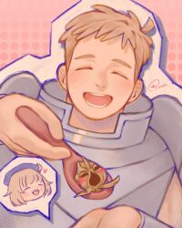 Rule 34 | 1boy, armor, artist name, brown hair, closed eyes, commentary, dungeon meshi, english commentary, facing viewer, falin touden, falin touden (tallman), hand up, hands up, highres, holding, holding spoon, incoming food, laios touden, light brown hair, mandrake (dungeon meshi), open mouth, pan (pan p), pauldrons, short hair, shoulder armor, spoon, very short hair