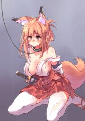 Rule 34 | 1girl, animal ear fluff, animal ears, bare shoulders, blush, bound, bound wrists, breasts, cleavage, closed mouth, collar, collarbone, commentary request, detached sleeves, fox ears, fox girl, fox tail, hip vent, japanese clothes, kneeling, large breasts, leash, long hair, mole, mole on breast, obi, off shoulder, orange hair, original, panties, red skirt, ribbon, sandals, sash, sawaya (mizukazu), side-tie panties, sideboob, simple background, skirt, smile, solo, spiked collar, spikes, sword, tabi, tail, tearing up, thighhighs, underwear, weapon, white panties, white thighhighs, yellow eyes, yin yang