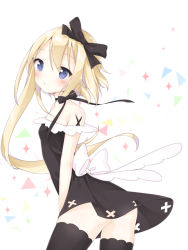 Rule 34 | 1girl, bare shoulders, black bow, black dress, black ribbon, black thighhighs, blonde hair, blue eyes, blush, bow, closed mouth, commentary request, cowboy shot, dress, hair between eyes, hair bow, highres, long hair, looking at viewer, looking to the side, off-shoulder dress, off shoulder, original, ribbon, short hair with long locks, simple background, solo, sparkle, thighhighs, tia-chan, uchuuneko, very long hair, white background, white bow