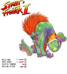 Rule 34 | 1990s (style), beast, bengus, blanka, capcom, colored skin, english text, engrish text, game, green skin, jumping, monster, muscular, official art, ranguage, red hair, retro artstyle, street fighter, street fighter ii (series)