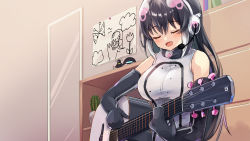 Rule 34 | 1girl, absurdres, acoustic guitar, african penguin (kemono friends), bare shoulders, bedroom, black gloves, black hair, breasts, cactus, closed eyes, elbow gloves, gloves, guitar, headset, highres, indoors, instrument, kemono friends, kemono friends v project, long hair, mappuri, mirror, multicolored hair, music, open mouth, penguin girl, pink hair, playing instrument, sleeveless, solo, virtual youtuber, white hair