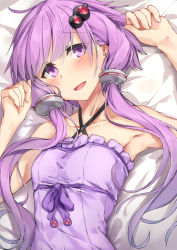 Rule 34 | 1girl, :d, armpits, bare arms, bare shoulders, bed sheet, blush, breasts, collarbone, commentary request, criss-cross halter, dress, frilled dress, frills, hair between eyes, hair ornament, halterneck, highres, kanzen bouon, long hair, looking at viewer, low twintails, open mouth, purple dress, purple eyes, purple hair, short hair with long locks, sidelocks, small breasts, smile, solo, twintails, upper body, very long hair, voiceroid, yuzuki yukari