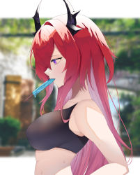 Rule 34 | 1girl, absurdres, arknights, blurry, blurry background, breasts, food, from side, highres, horns, kanaya604, large breasts, long hair, popsicle, purple eyes, red hair, solo, surtr (arknights)