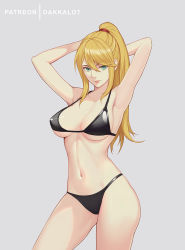 Rule 34 | 1girl, armpits, arms behind head, arms up, artist name, bare arms, bare shoulders, bikini, black bikini, blonde hair, breasts, cleavage, commentary, dakkalot, green eyes, grey background, lips, looking at viewer, medium breasts, metroid, mole, mole under mouth, navel, nintendo, parted lips, ponytail, samus aran, shiny clothes, shiny skin, sidelocks, solo, swimsuit, swimsuit under clothes, thighs