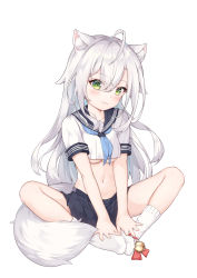 Rule 34 | 1girl, :3, absurdres, ahoge, animal ear fluff, animal ears, bell, blue sailor collar, blue skirt, blush, breasts, cat ears, closed mouth, commentary, crop top, diamond-shaped pupils, diamond (shape), eyes visible through hair, feet together, full body, green eyes, hair between eyes, hands on feet, highres, jingle bell, knees apart feet together, kuroida, long hair, looking at viewer, medium breasts, miniskirt, navel, neckerchief, no shoes, original, pleated skirt, sailor collar, school uniform, serafuku, shirt, short sleeves, simple background, skirt, smile, socks, solo, stomach, symbol-shaped pupils, tail, thighs, underboob, very long hair, white background, white hair, white shirt, white socks