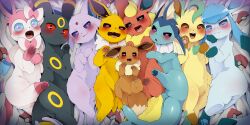 Rule 34 | :3, animal hands, blue sclera, colored sclera, creatures (company), dagashi (daga2626), eevee, espeon, evolutionary line, facial mark, fangs, fins, fish tail, flareon, forehead jewel, forehead mark, furry, game freak, gen 1 pokemon, gen 2 pokemon, gen 4 pokemon, gen 6 pokemon, glaceon, head fins, heart, heart-shaped pupils, highres, jolteon, leafeon, lying, naughty face, nintendo, on back, open mouth, poke ball print, pokemon, pokemon (creature), red sclera, sylveon, symbol-shaped pupils, tail, take your pick, umbreon, vaporeon, wavy mouth