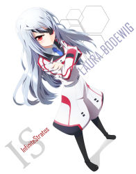Rule 34 | 10s, 1girl, absurdres, blue hair, blush, boots, character name, crossed arms, dutch angle, eyepatch, from above, frown, grune, highres, infinite stratos, jodhpurs, laura bodewig, long hair, pants, red eyes, solo, uniform