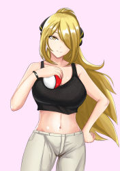 Rule 34 | 1girl, absurdres, alternate costume, alternate hairstyle, beige pants, black tank top, breasts, closed mouth, collarbone, cowboy shot, creatures (company), crop top, cynthia (pokemon), floating hair, game freak, hair ornament, hair over one eye, hand on own hip, high ponytail, highres, large breasts, long hair, looking at viewer, midriff, navel, nintendo, pink background, pokemon, pokemon dppt, ponytail, sidelocks, simple background, smile, solo, stomach, tank top, tian kazuki, very long hair, wristband, yellow eyes