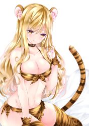 Rule 34 | 1girl, animal ear fluff, animal ears, animal print, bad id, bad pixiv id, bare shoulders, bikini, blonde hair, breasts, brown bikini, brown eyes, brown gloves, brown thighhighs, cleavage, closed mouth, commentary request, gloves, hair between eyes, hand up, highres, long hair, looking at viewer, medium breasts, nanase nao, navel, original, print bikini, print gloves, print thighhighs, simple background, smile, solo, swimsuit, tail, thighhighs, tiger ears, tiger girl, tiger print, tiger tail, very long hair, white background