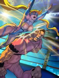 Rule 34 | 1boy, 1girl, armpits, barefoot, battle, blonde hair, blue eyes, blue leotard, boxing ring, breasts, brown hair, capcom, cleavage cutout, clothing cutout, company name, domino mask, dougi, dutch angle, elgrimlock, green leotard, heart cutout, hibiki dan, indoors, jumping, large breasts, leotard, long hair, mask, motion lines, muscular, no bra, rainbow mika, revealing clothes, street fighter, street fighter v, sweatdrop, twintails, very long hair, wrestling, wrestling mask, wrestling outfit