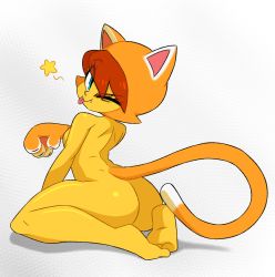 Rule 34 | animal hood, ass, breasts, cat, cat tail, catsuit, dragon girl, gradient background, highres, hood, huge ass, kneeling, looking back, one eye closed, original, red hair, self-upload, siamese cat, sideboob, solo, tail