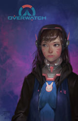 Rule 34 | 1girl, absurdres, adapted costume, animal print, artist name, blue bodysuit, bodysuit, breasts, brown eyes, brown hair, copyright name, d.va (overwatch), facepaint, facial mark, facing viewer, headphones, high collar, highres, hood, hooded jacket, impossible bodysuit, impossible clothes, jacket, logo, long hair, looking to the side, medium breasts, midfinger, overwatch, overwatch 1, pilot suit, pink lips, purple background, rabbit print, realistic, ribbed bodysuit, signature, skin tight, solo, swept bangs, upper body, whisker markings, wide-eyed