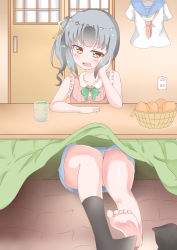 Rule 34 | 10s, 1girl, artist request, barefoot, black socks, blue skirt, blunt bangs, blush, bow, cup, feet, food, fruit, green bow, green tea, grey hair, highres, indoors, kantai collection, kasumi (kancolle), kotatsu, looking at viewer, no shoes, orange (fruit), pleated skirt, ponytail, pov, side ponytail, single sock, sitting, skirt, socks, soles, solo, table, tea, toes, under kotatsu, under table
