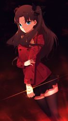 Rule 34 | 1girl, black bow, black skirt, black thighhighs, blue eyes, bow, brown hair, brown scarf, coat, dutch angle, fate/stay night, fate (series), floating hair, hair bow, highres, long hair, long sleeves, looking at viewer, miniskirt, pleated skirt, red coat, scarf, skirt, solo, standing, thighhighs, tohsaka rin, twintails, very long hair, wujia xiaozi, zettai ryouiki