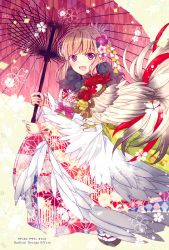 Rule 34 | 1boy, :d, bird, blush, brown hair, chicken, chinese zodiac, clog sandals, fang, feathers, flower, folded ponytail, full body, furisode, goma (11zihisin), hair flower, hair ornament, japanese clothes, jingle bel, kimono, long hair, long sleeves, looking at viewer, male focus, obi, oil-paper umbrella, okobo, open mouth, original, pink eyes, rooster, sandals, sash, smile, solo, tabi, trap, umbrella, wide sleeves, year of the rooster