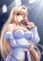 Rule 34 | 00s, 1girl, archetype earth, arcueid brunestud, bare shoulders, blonde hair, blush, breasts, cleavage, dress, covered erect nipples, hair intakes, heart, large breasts, long hair, miyai sen, one eye closed, red eyes, solo, strapless, strapless dress, tsukihime, valentine, very long hair, wink
