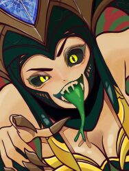 Rule 34 | 1girl, black eyeshadow, black sclera, breasts, cassiopeia (league of legends), claw (weapon), cleavage, colored sclera, colored tongue, eyeshadow, fangs, forked tongue, green tongue, highres, kawaguti kappa, league of legends, looking at viewer, makeup, medium breasts, open mouth, sharp teeth, slit pupils, smile, snake girl, solo, teeth, tongue, tongue out, upper body, weapon, yellow eyes
