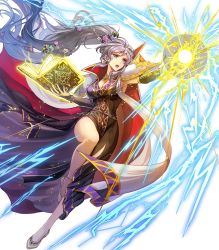 Rule 34 | 1girl, armor, armpits, book, bracelet, braid, breasts, bridal gauntlets, cape, cleavage, dress, earrings, fire emblem, fire emblem: genealogy of the holy war, fire emblem heroes, flower, full body, glowing, gold trim, hair flower, hair ornament, highres, holding, holding book, ishtar (fire emblem), jewelry, leg up, lightning, long dress, long hair, looking away, magic, medium breasts, nijihayashi, nintendo, non-web source, official art, open book, open mouth, ponytail, purple eyes, purple hair, shoulder armor, solo, thighs, transparent background