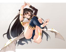Rule 34 | 1girl, ;o, anklet, armlet, arms up, ass, asymmetrical clothes, asymmetrical legwear, asymmetrical sleeves, bare arms, bare legs, barefoot, black detached sleeves, black hair, black ribbon, breasts, crossed legs, crown, detached sleeves, earrings, fate/grand order, fate (series), feet, female focus, floating, full body, grey background, hair ribbon, highres, hoop earrings, ishtar (fate), jewelry, knees up, leg up, legs, levitation, long hair, looking at viewer, lying, medium breasts, no shoes, on back, one eye closed, parted bangs, red eyes, revealing clothes, ribbon, shunichi, single sleeve, single thighhigh, soles, solo, strapless, thighhighs, thighlet, toeless legwear, toes, tohsaka rin, two side up, type-moon, uneven legwear, uneven sleeves, very long hair, waist cape, wink