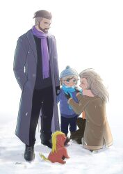 Rule 34 | 1girl, 2boys, :o, absurdres, aged down, arven (pokemon), beanie, beard, black footwear, black gloves, black pants, blush, breath, brown coat, brown hair, closed mouth, coat, commentary, creatures (company), eryx45, facial hair, family, father and son, game freak, gloves, green eyes, grey coat, hair ornament, hat, highres, holding hands, long hair, maschiff, mother and son, multiple boys, nintendo, open clothes, open coat, outdoors, pants, pokemon, pokemon sv, purple scarf, sada (pokemon), scarf, shoes, short hair, snow, snowing, squatting, standing, turo (pokemon), undercut