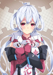 Rule 34 | 1girl, ahoge, blush, breasts, dress, flower, gloves, hair between eyes, hair rings, holding, holding flower, innocent one, long hair, looking at viewer, matoi (pso2), milkpanda, phantasy star, phantasy star online 2, red eyes, silver hair, smile, solo, twintails, upper body